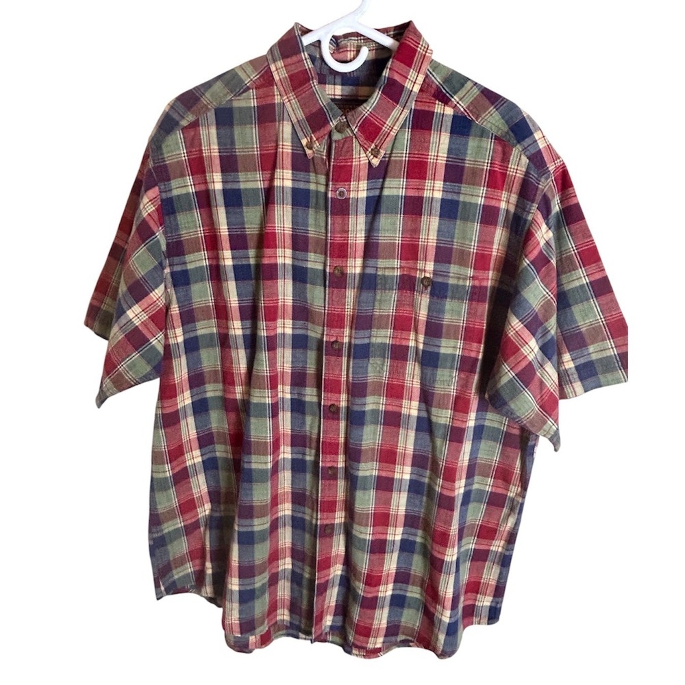 Woolrich Plaid Button Down Shirt Mens L Multicolor Short Sleeve Cotton